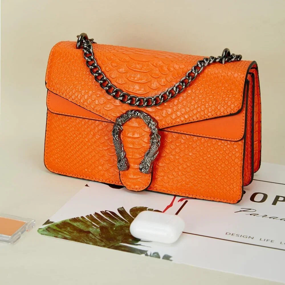 ⚡ Women's Orange Leather Vintage Snake Print Crossbody Square Satchel Handbag